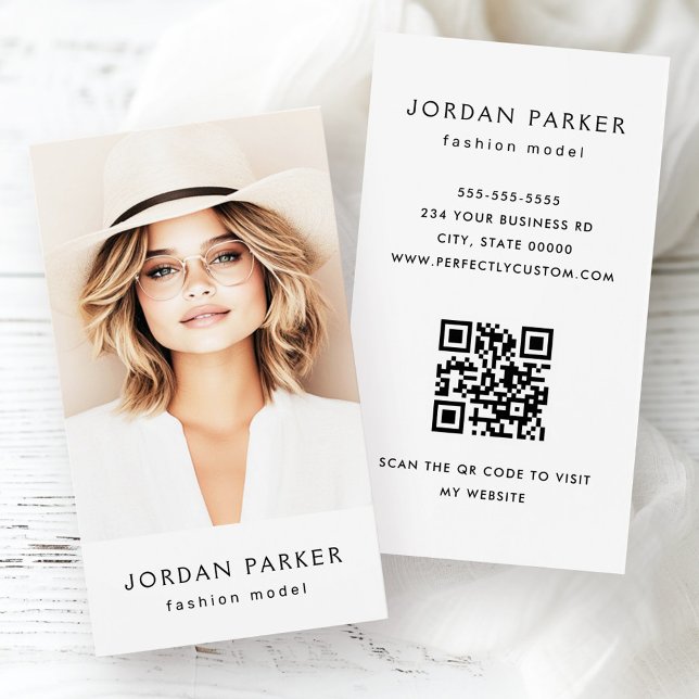 Cartões de visitas brancos do modelo de moda do có (Photo QR code fashion model white business cards)