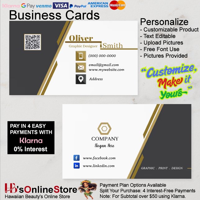 Cartões de visitas de código QR preto Dourado e br (Black Gold & White QR Code Business Cards 34 Pack.)