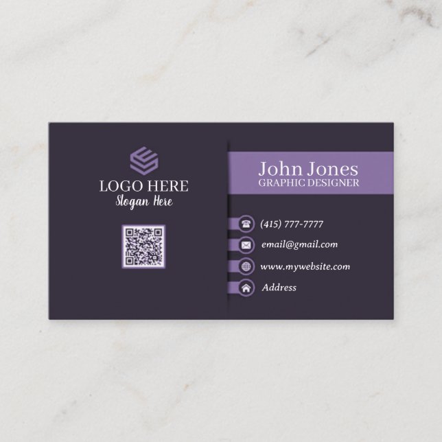 Cartões de visitas de código QR roxos 23 embalagen (Frente)