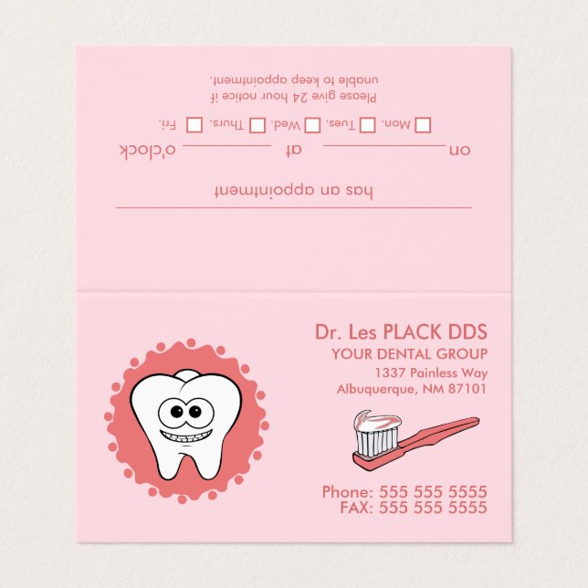 Cartões de visitas de Compromisso Rosa Dentista (Exterior Desdobrado)