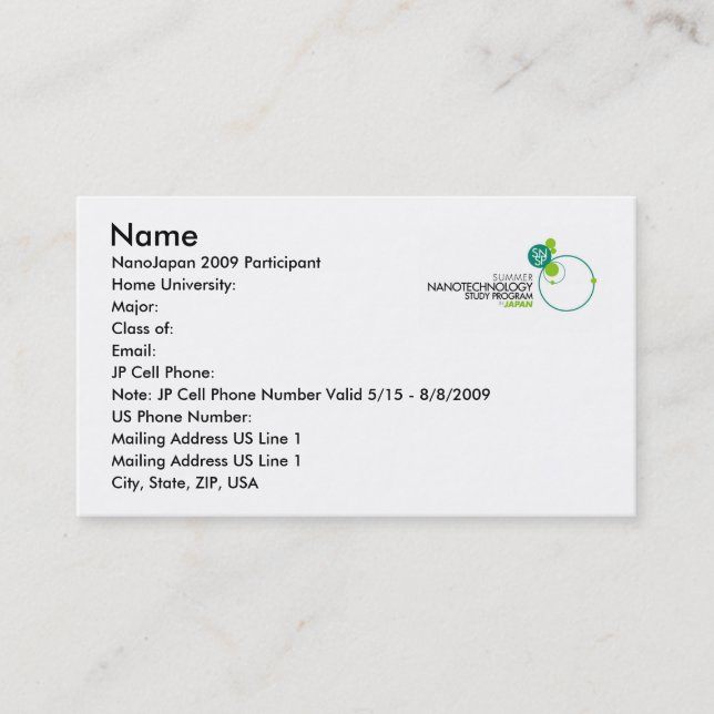 Cartões de visitas de NanoJapan (Frente)