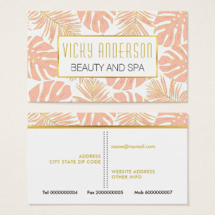 Cartões de visitas de pêssego e folhas tropicais d