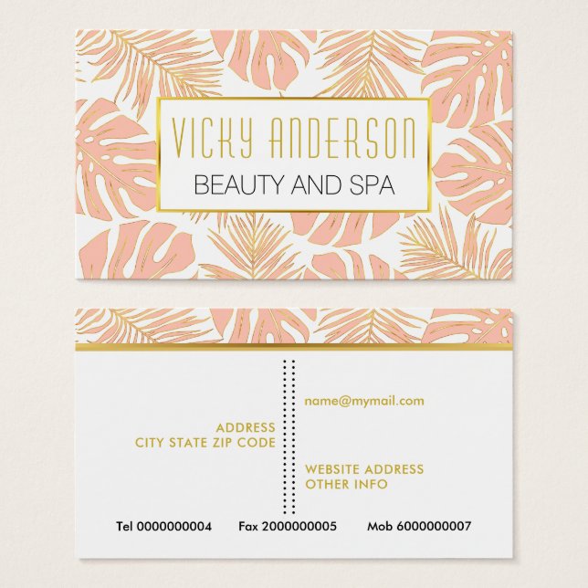Cartões de visitas de pêssego e folhas tropicais d (Frente & Verso)