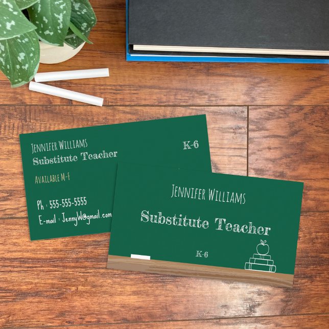Cartões de visitas de Professores Substitutos de C (Green chalkboard substitute teacher double-sided business cards .)