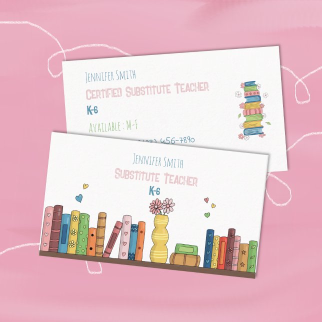 Cartões de visitas de Professores Substitutos de L (Watercolor books elementary school substitute teacher white double-sided business cards .)