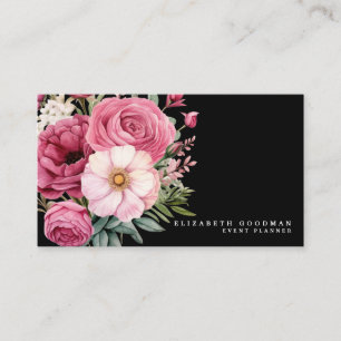 Cartões de visitas Elegantes de Flores Rosa e Pret
