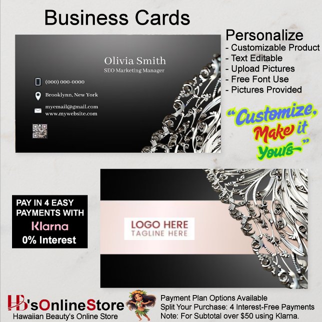 Cartões de visitas Elegantes Editáveis Personalizá (Customizable Editable Elegant Black Business Cards.)
