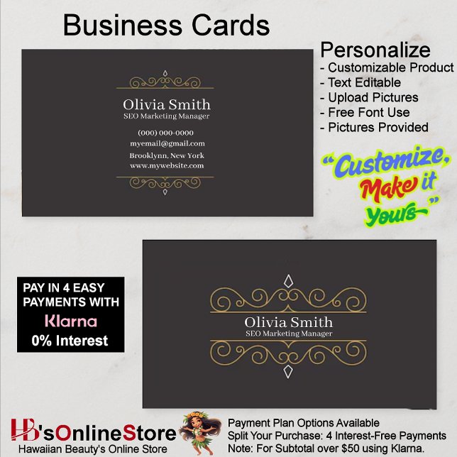 Cartões de visitas Elegantes Personalizáveis 7 (Customizable Elegant Black Business Cards 7.)