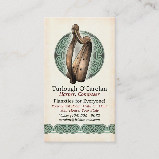 Cartões de visitas irlandeses da harpa, estilo 1, (Frente)