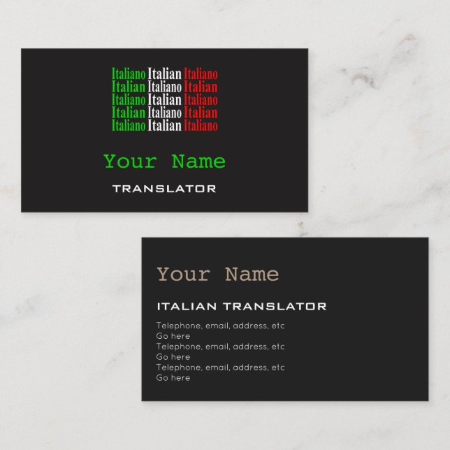 Cartões de visitas italianos do tradutor ou do (Frente/Verso)