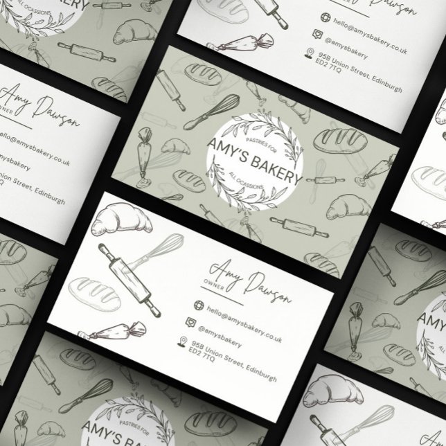 Cartões de visitas Personalizados da Loja Rustic B (Bakery Pastry Chef business card design in sage green and white tones with bakery graphics)