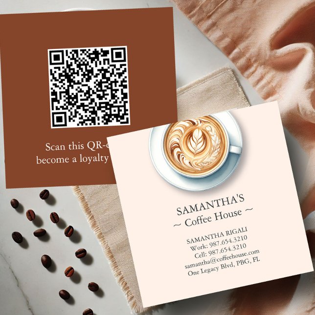 Cartões de visitas Profissionais Comprados do Café (business cards with qr-code for a coffee shop features an illustration of a latte)