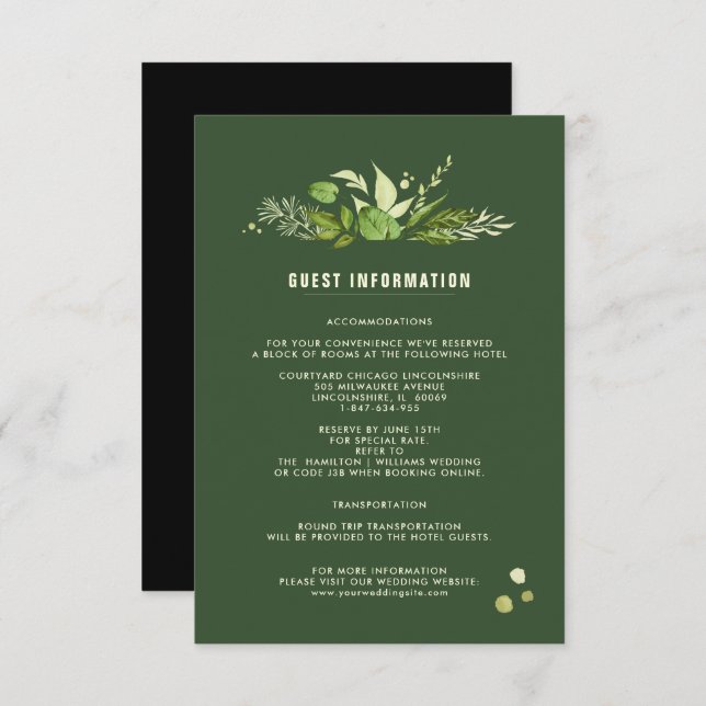 Cartões Detalhes de Casamento | Verde Preto Botâni (Frente/Verso)