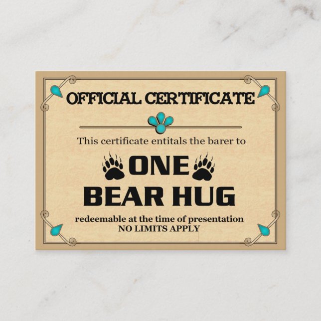 Cartões do certificado do ABRAÇO de URSO (Frente)