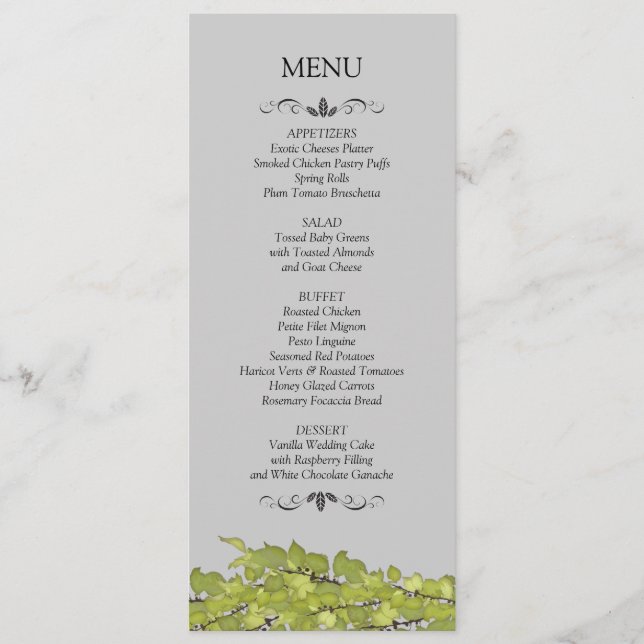 Cartões do menu da recepção de casamento (Frente)