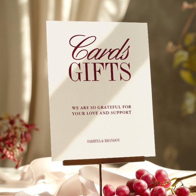 Cartões e Presentes Marfim e Borgonha Sinal de Cas (Ivory & Burgundy Cards & Gifts Wedding Sign)