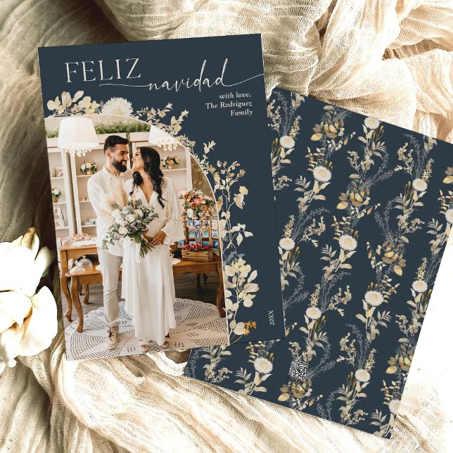 Cartões Feliz Navidad Boho Chic Dourado com Foto (Criador carregado)
