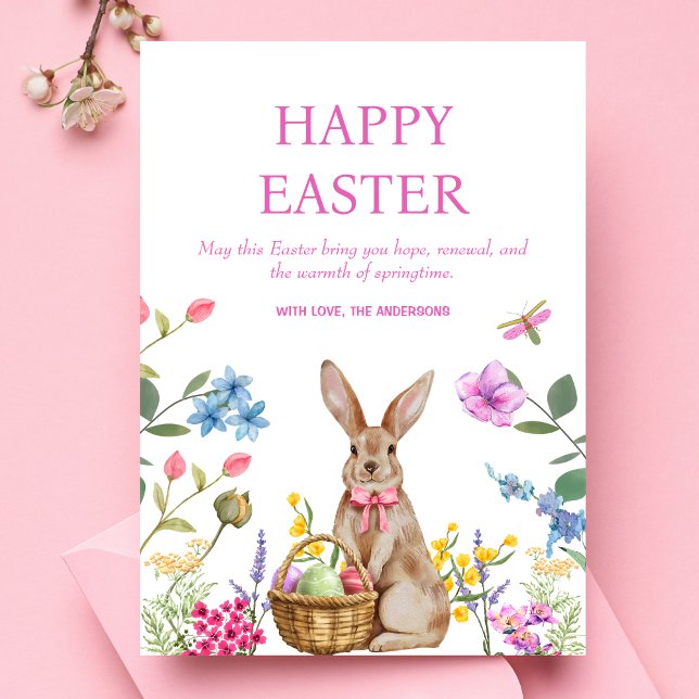 Cartões felzs pascoa Primavera Floral Rosa Coelho  (Happy Easter Postcard - Cheerful design, pastel flowers, bunny, Easter Holiday Card, Watercolor)