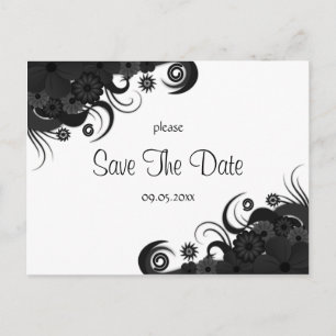 Cartões Florais Pretos e Brancos de Save The Date 