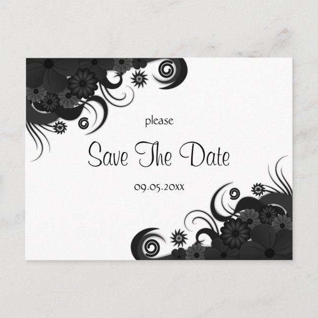 Cartões Florais Pretos e Brancos de Save The Date  (Frente)
