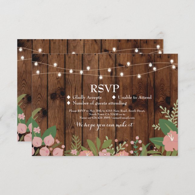 Cartões Florais Rustic Wood Invites para Casamento (Frente/Verso)