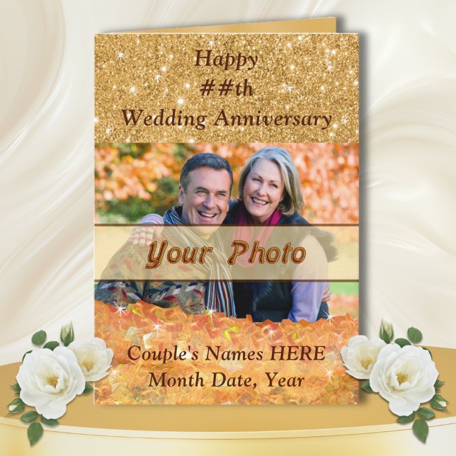 Cartões personalizados de aniversário para ele e p (50th anniversary photo cards. Picture anniversary cards. Personalised photo anniversary cards. Gold)