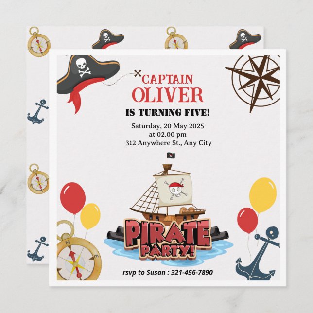 Cartões Plano de Aniversário do Mar Pirata Marítim (Frente/Verso)