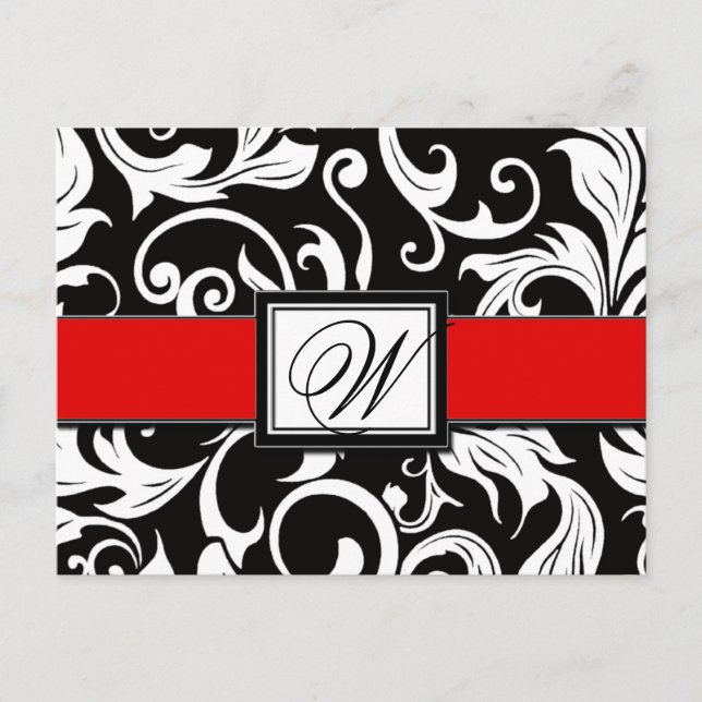 Cartões Postais Black & Red Damask Wedding Save th (Frente)