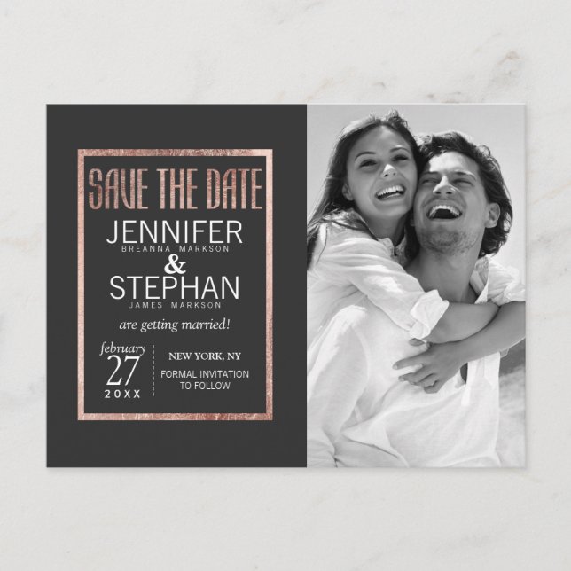 Cartões Postais Chic Faux Rose Gold Save the Date (Frente)
