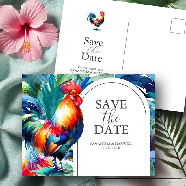 Cartões Postais de Casamento de Destino Salve a Da (Tropical destination wedding save the date postcards key west watercolor rooster Do Tell A Belle)