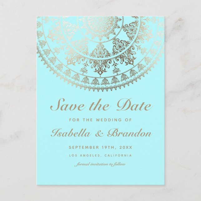 Cartões Postais de Casamento Mandala Solar em Dour (Frente)