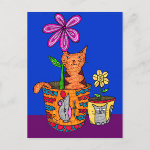 Cartões Postais de Gato Sentado num Vaso de Flores