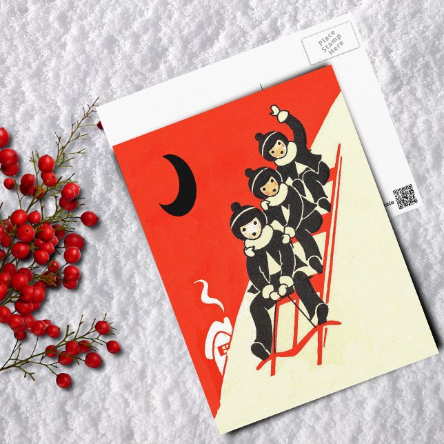 Cartões postais de inverno em Leve (Three boys riding red sled down snow covered hill Black moon house on red Postcard.)