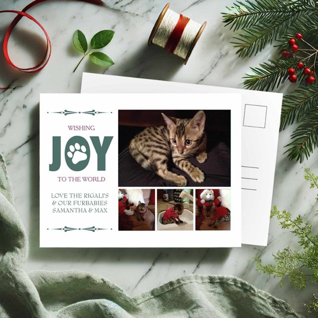 Cartões postais de Natal de Pet Verde Modernos (Pet photo Christmas postcards by VG Invites features 1 large photo and 3 small photos)