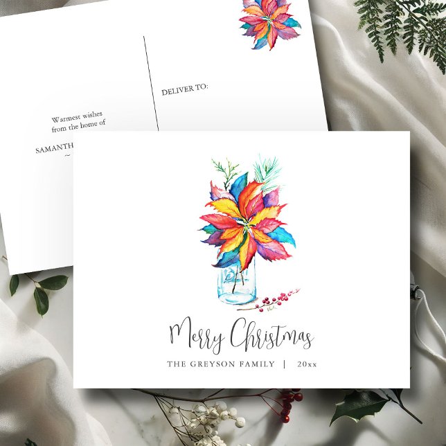 Cartões postais de Natal Personalizados | Poinsett (Christmas postcards watercolor poinsettia art by Victoria Grigaliunas of Do Tell A Belle)