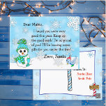 Cartões postais de Papais noeis: Bonito Snowman<br><div class="desc">Flocos de neve bonito,  com um adorável bonitão festivo boneco de neve e carta personalizada de pássaro azul de Papai Noel na frente. As costas têm um lugar para o seu filho escrever a lista de desejos de Natal.</div>