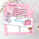 Cartões postais de Papais noeis: Bonito Snowman<br><div class="desc">Flocos de neve bonito,  bonitinho bonitinho e uma carta festiva personalizada de Papai Noel na frente. As costas têm um lugar para o seu filho escrever a lista de desejos de Natal.</div>