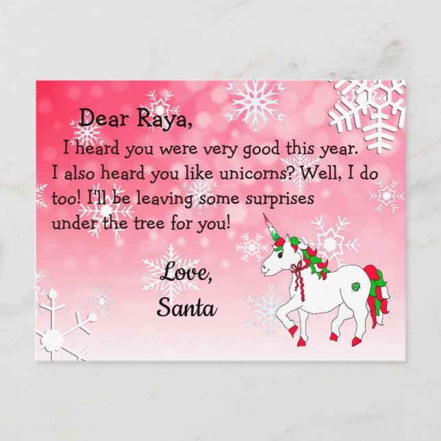 Cartões Postais do Papai Noel: Unicórnio Vermelho  (Frente)