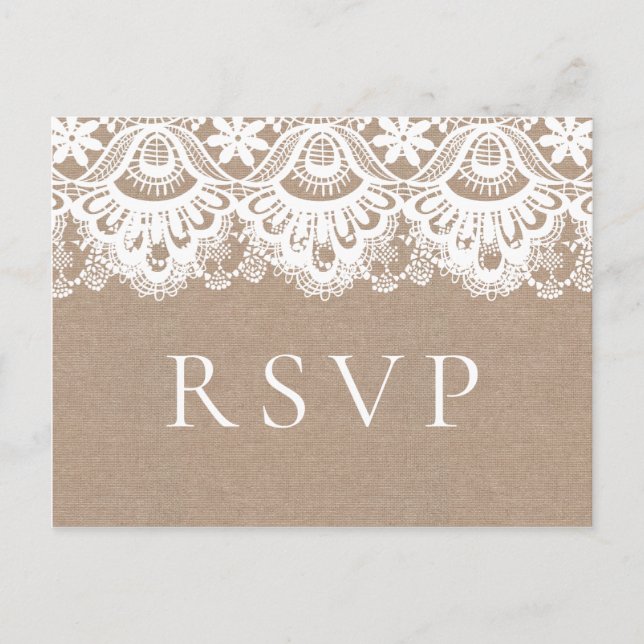Cartões postais RSVP de Casamento de Burlap e Lace (Frente)