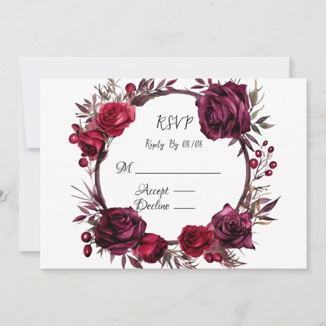 Cartões RSVP de Borgonha e Rosa vermelha (Frente)