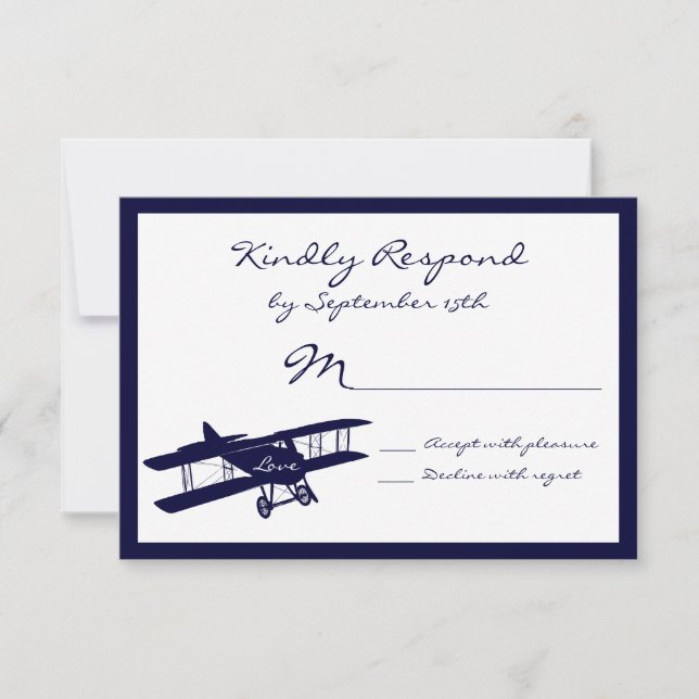 Cartões RSVP de Casamento Azul de Biplane Aviator  (Frente)