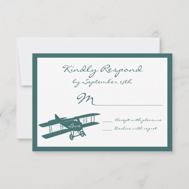Cartões RSVP de Casamento Azul de Biplane Aviator  (Frente)