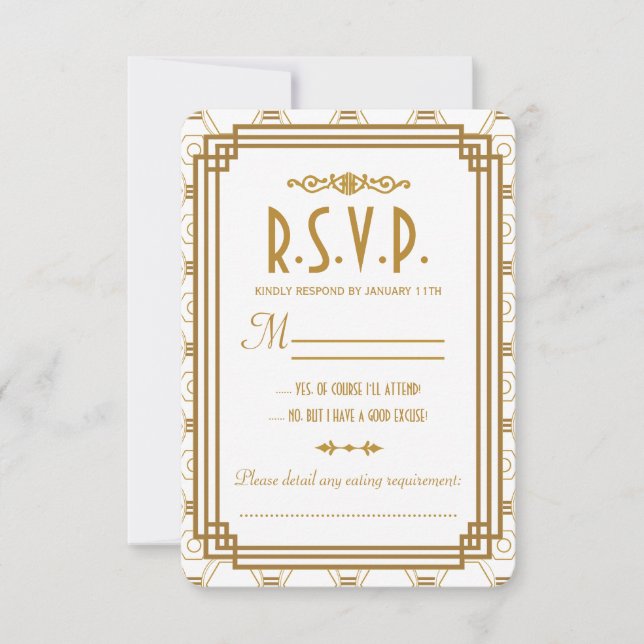 Cartões RSVP de Casamento Branco Art Deco (Frente)