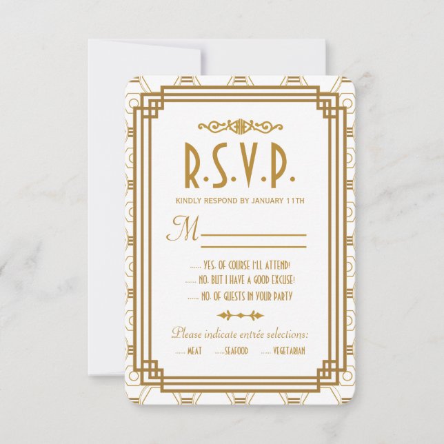 Cartões RSVP de Casamento Branco Art Deco (Frente)