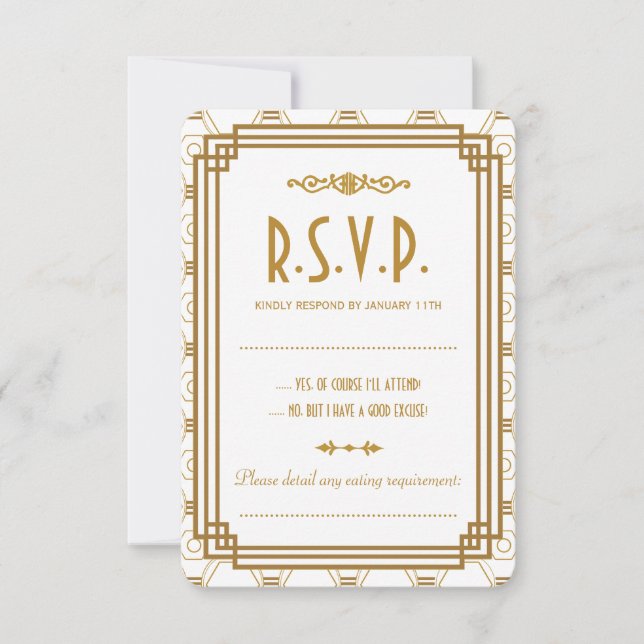 Cartões RSVP de Casamento Branco de Deco de Arte P (Frente)