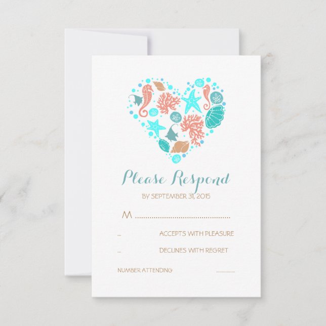 Cartões RSVP de Casamento Branco Marítimo do Coraç (Frente)