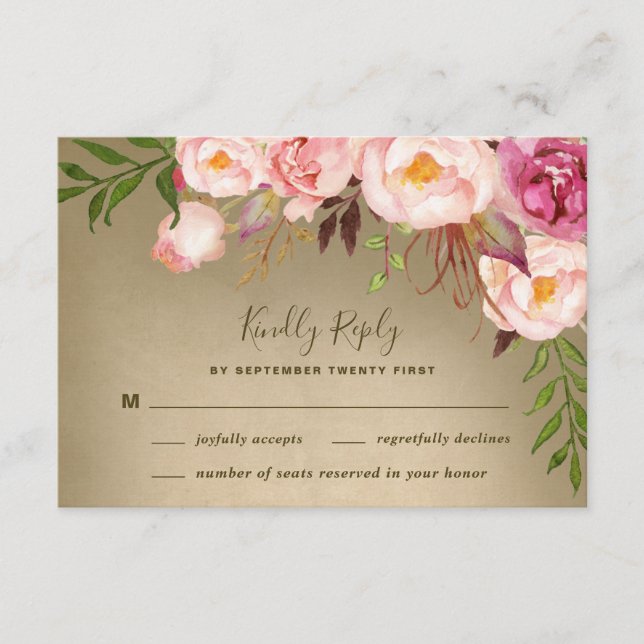 Cartões RSVP de Casamento de Blush Rustic de Peony (Frente)