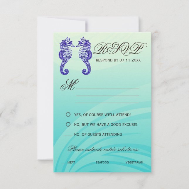 Cartões RSVP de Casamento de Cavalo do Mar Azul (Frente)
