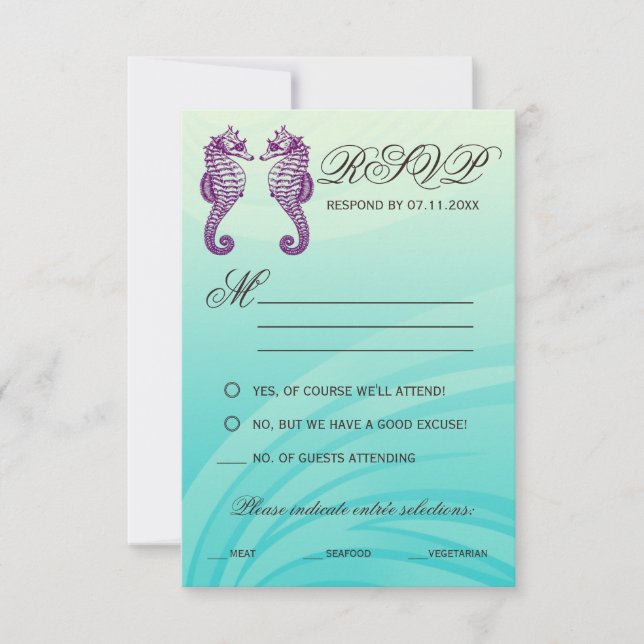 Cartões RSVP de Casamento de Cavalo do Mar Roxo e  (Frente)