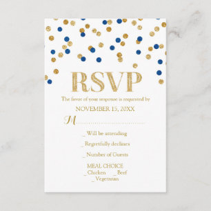 Cartões RSVP de Casamento de Confetti Dourado Azul
